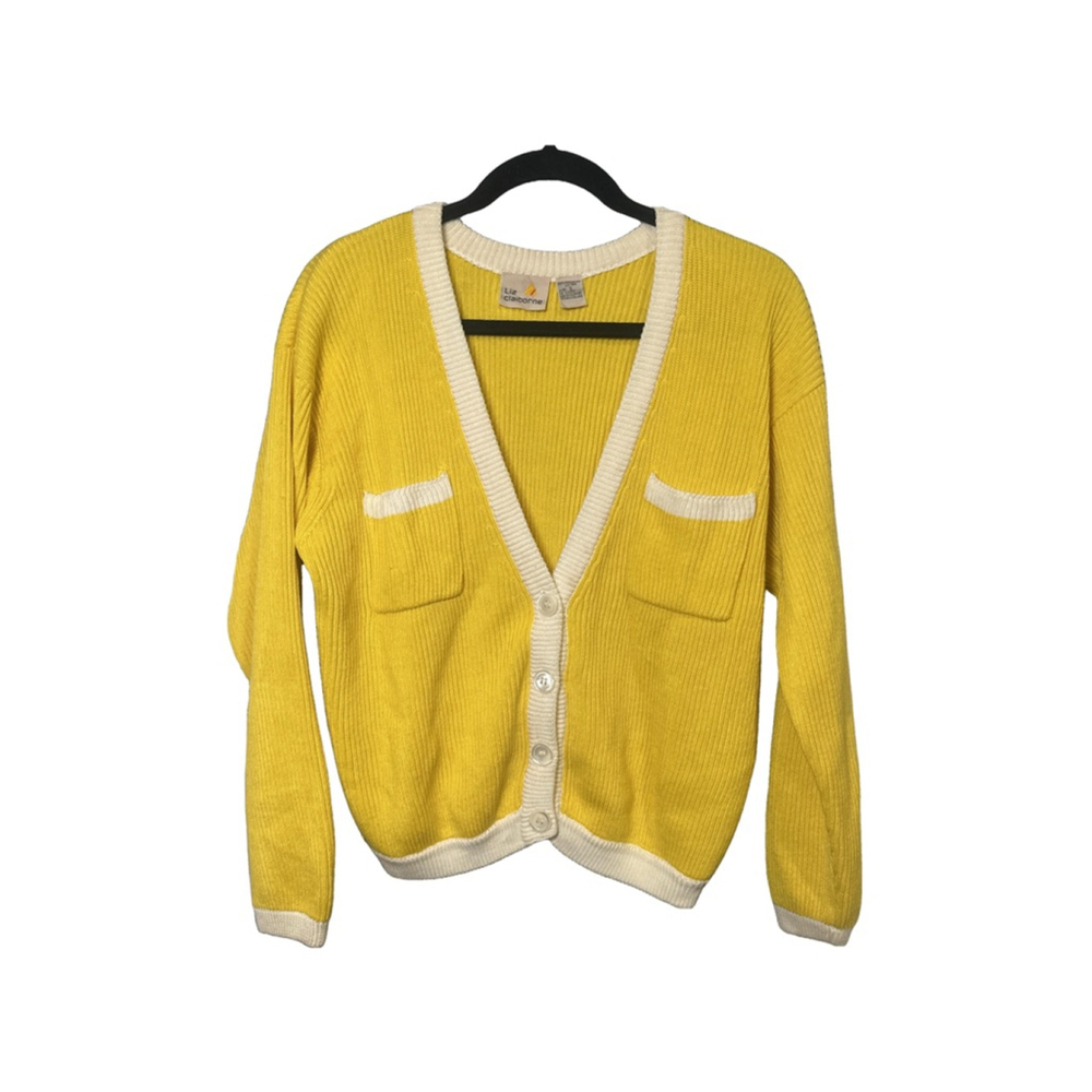 VINTAGE LIZ CLAIBORNE Yellow and White Trim Knit Cardigan Sweater Size S